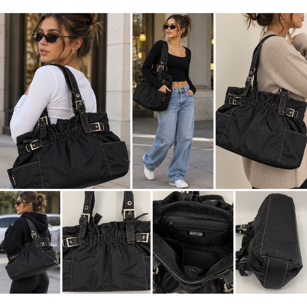 Kenneth Cole Reaction Black Nylon Shoulder Bag Buckle Tote White Stitch RN81633